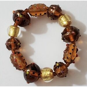 Vtg Murano Lamp work Beads Venetian Murano Glass Bracelet Italy Amber Gold Foil